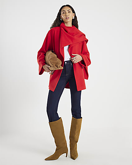 Red Wool Blend Mid Length Scarf Coat