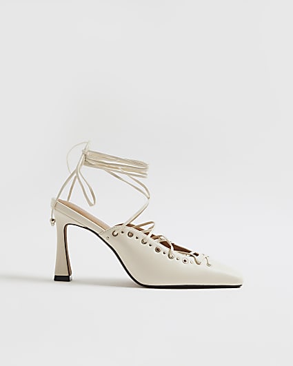 Cream Lace Up Court Heels