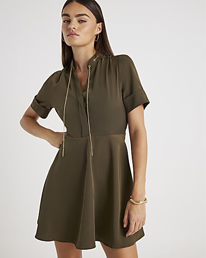 Khaki Chain Detail Skater Mini Dress