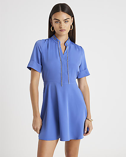 Navy Chain Detail Skater Mini Dress
