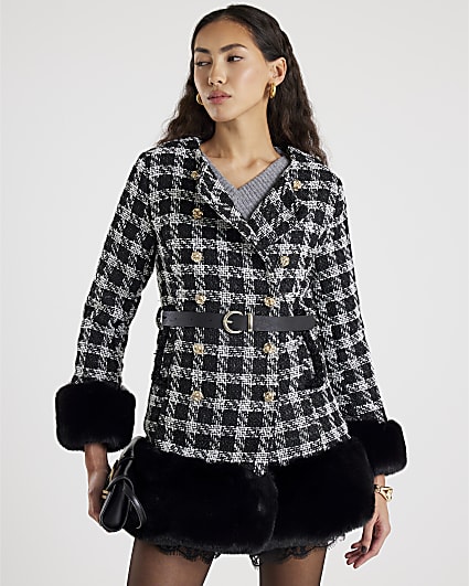Black Check Collarless Faux Fur Trim Coat