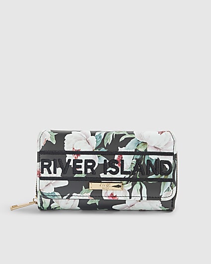 Black Floral Flap Zip Around Purse