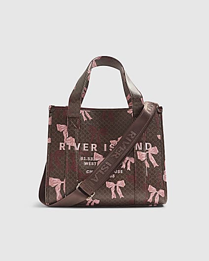 Brown Monogram Print Bow Tote Bag