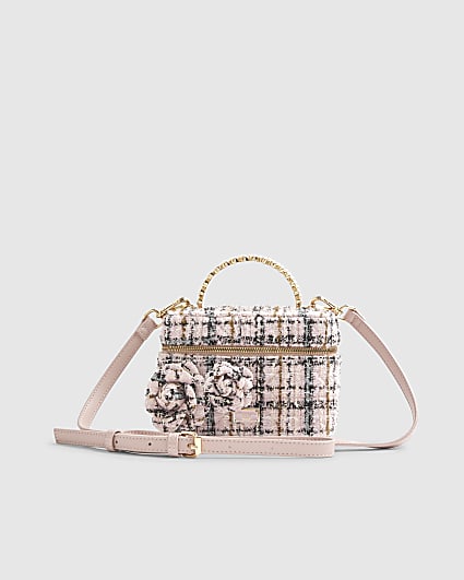 Pink Boucle Pearl Handle Cross Body Bag