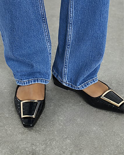 Black Square Buckle Ballet Pumps