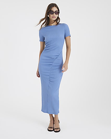 Blue Textured Drape Midi Dress