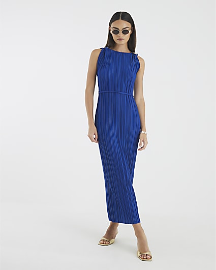 Blue Sleeveless Plisse Belted Midi Dress