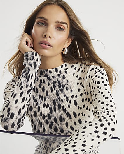 Cream leopard Print Long Sleeve Ribbed Top