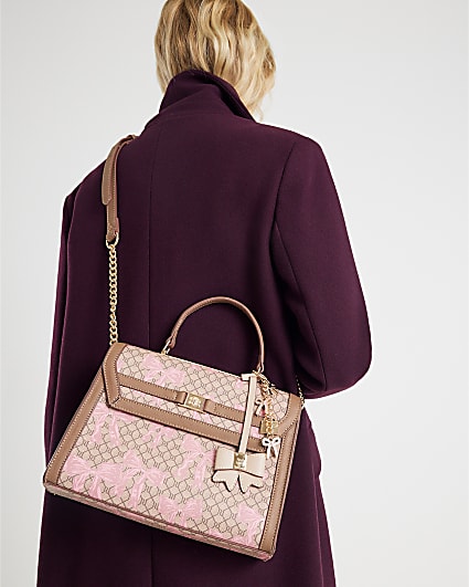 Beige Monogram Bow Print Charm Tote Bag