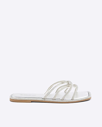 Silver Embellished Twist Strap Mule Sandals
