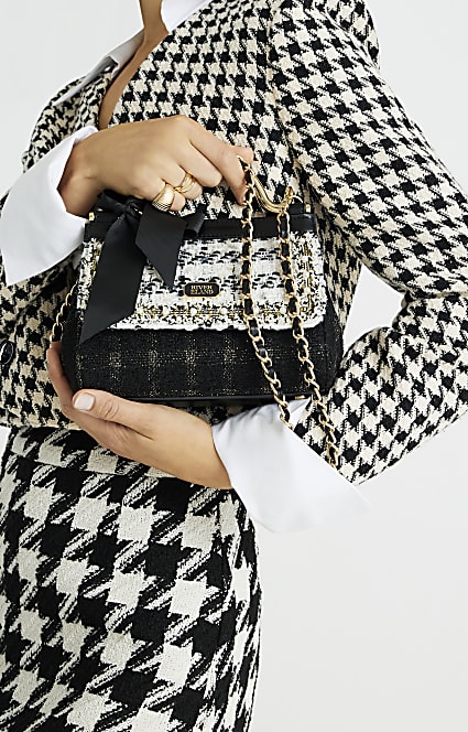 Black Boucle Bow Metal Handle Tote Bag