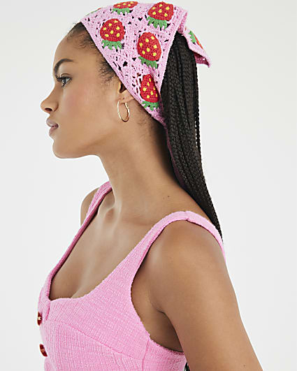 Pink Strawberry Print Crochet Bandana
