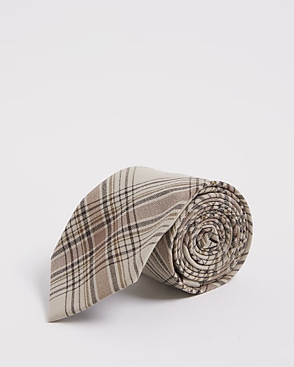 Beige Check Print Tie