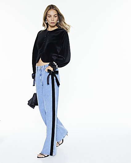 Blue Velvet Bow Relaxed Straight Jeans