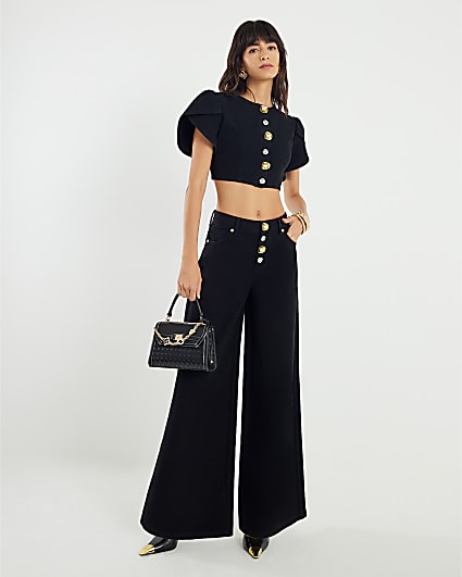 Black Embellished Button Front Palazzo Jeans
