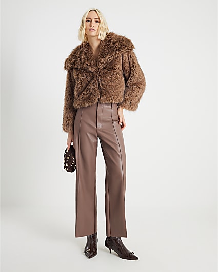 Brown Faux Leather Cropped Trousers