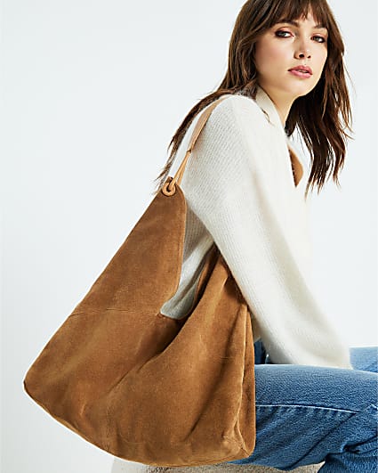Brown Suede Panelled Slouch Bag