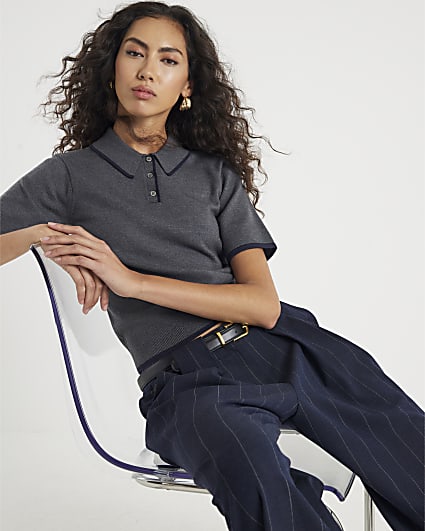Grey Knitted Tipped Polo Top