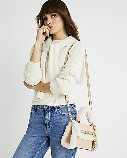 Beige Mini Borg Tote Cross Body Bag