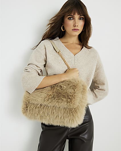 Brown Logo Faux Fur Shoulder Bag