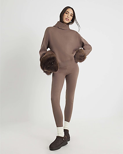 Brown Slim Knitted Jogger Trousers