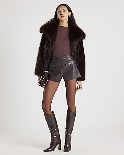 Brown Croc Print Pocket Detail Hotpant Shorts