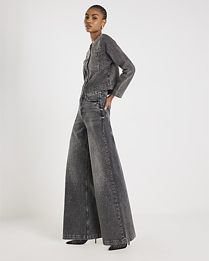 Grey High Rise Embellished Wide Leg Jeans