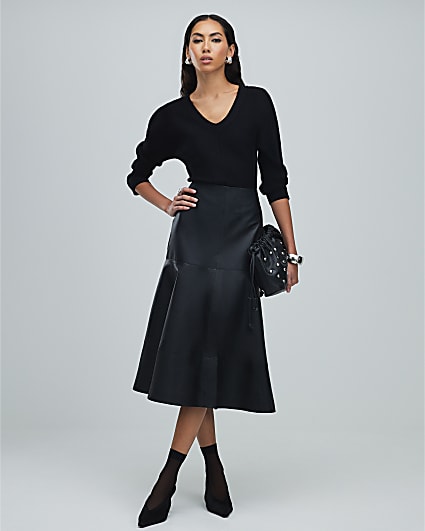 Black Leather A Line Midi Skirt