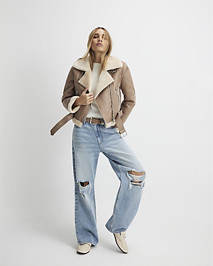 Brown Belted Cropped Aviator Jacket