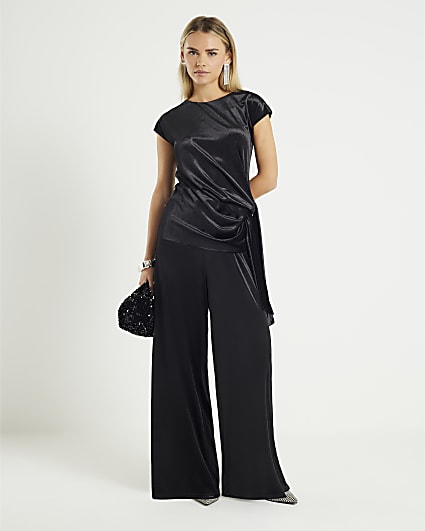 Petite Black Velvet Wide Leg Joggers