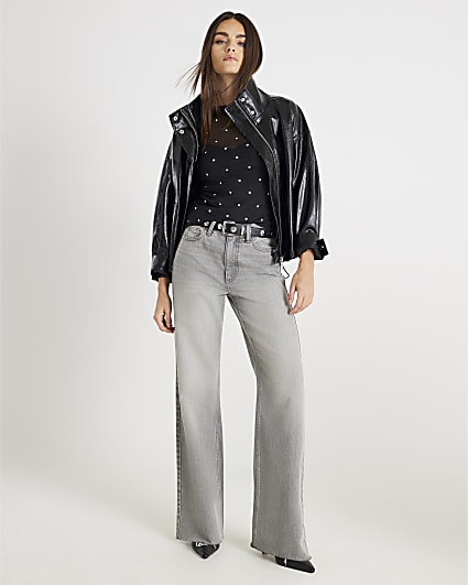 Black Mesh Long Sleeve Studded Top