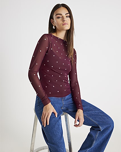 Red Mesh Long Sleeve Studded Top