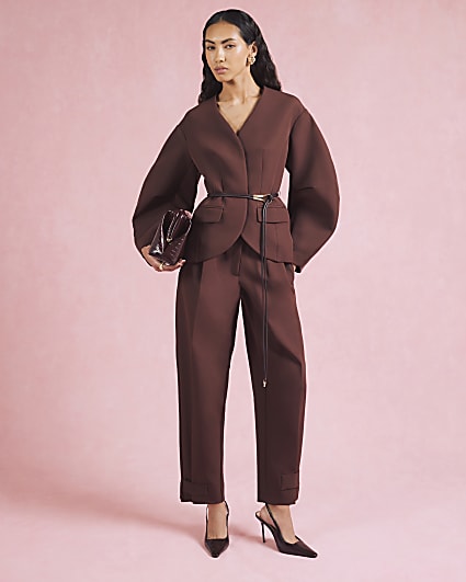 Brown Cocoon Sleeve Belted Blazer