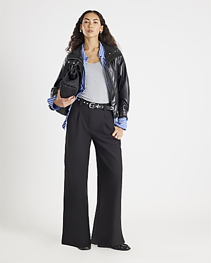 Black Studded Belt Wide Leg Trousers