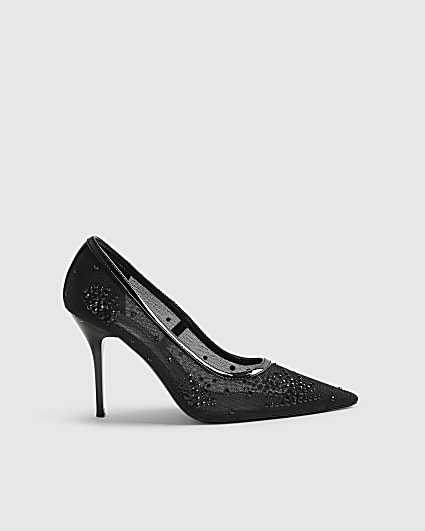 Black Embellished Mesh Court Heels
