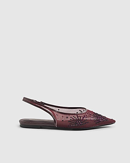 Red Embellished Mesh Slingback Pumps