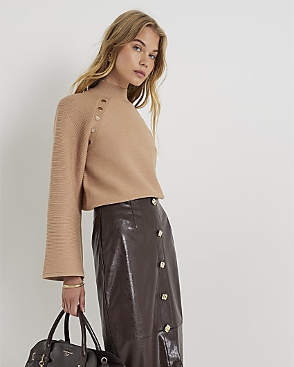 Brown Knitted High Neck Jumper