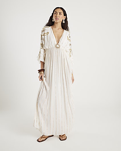 Cream Sun Detail Embellished Maxi Beach Dress