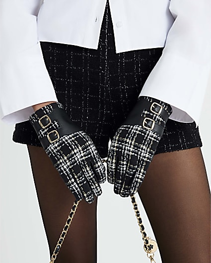 Black Boucle Check Buckle Gloves