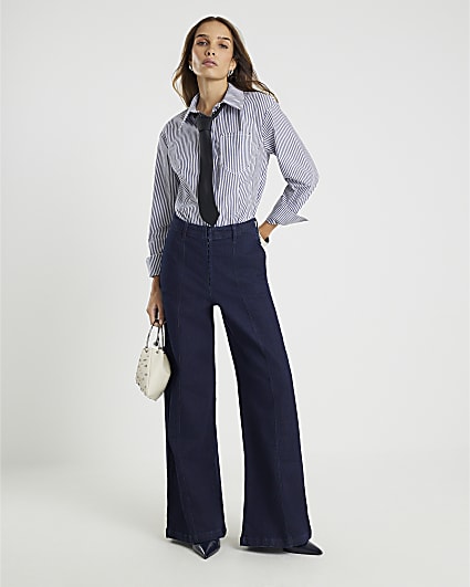 Blue Mid Rise Wide Leg Corset Jeans