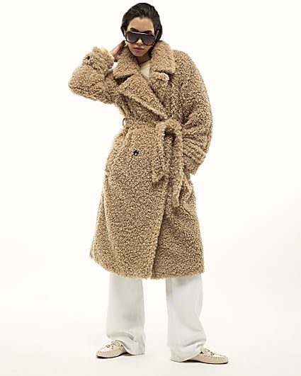 Beige Borg Longline Belted Coat