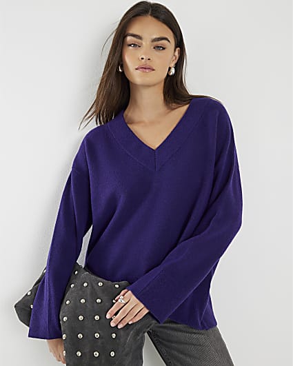 Purple Knitted V-Neck Jumper