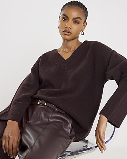 Brown Knitted V Neck Jumper