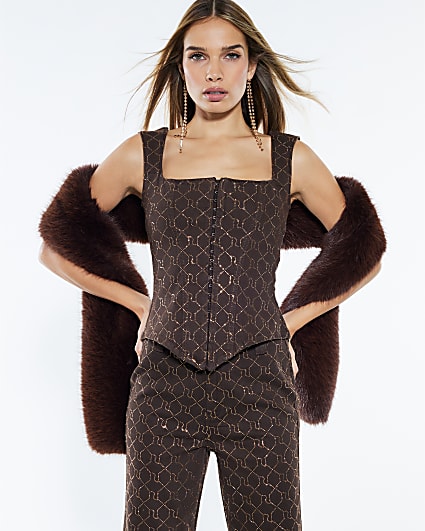 Brown Monogram Denim Stretch Corset Top