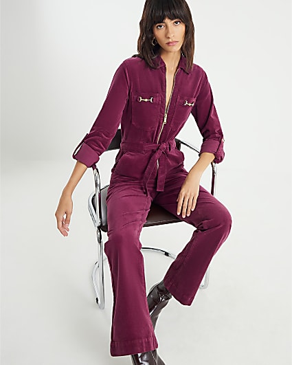 Red Corduroy Long Sleeve Snaffle Jumpsuit