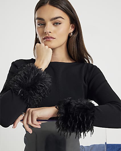 Black Knitted Slash Neck Feather Cuff Top