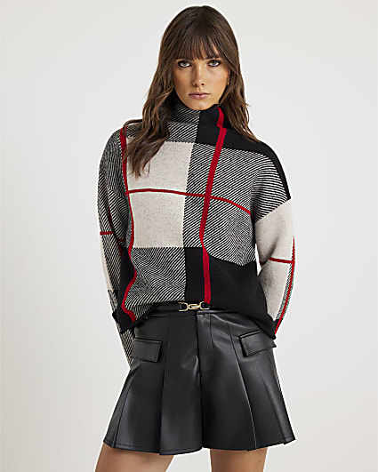 Black Check Print High Neck Jumper