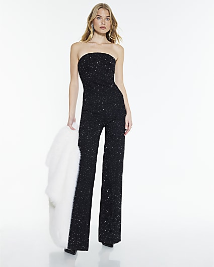 Black Denim Diamante Embellished Jumpsuit
