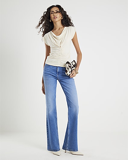 Cream Short Sleeve Cowl Neck Top