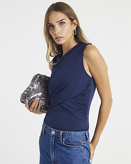 Navy Sleeveless Wrap Bodysuit